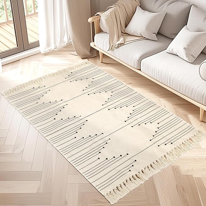 Tritard Boho Area Rug 3x5 - Woven Entryway Rugs with Tassels Farmhouse Aztec Bedroom Lightweight Throw Rugs Washable Indoor Cotton Low Pile Thin Carpet for Kitchen, Bathroom, Playroom, Beige Cream