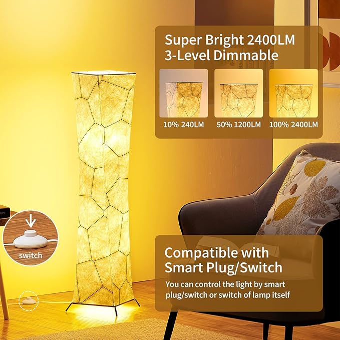chiphy Floor Lamp, 39" Tall Standing Lamp, 3 Levels Adjustable Brightness LED Bulbs, Column Floor Light, Marble Gradient Fabric Lampshade, Home Decor for Living Room, Bedroom, Kids Room