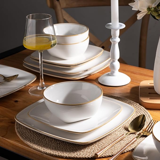 AmorArc Ceramic Dinnerware Sets for 4, 12 Pieces Square Handpainted Plates and Bowls Set, Chip and Scratch Resistant Stoneware Dishes Set, Dishwasher & Microwave Safe, Pearl White