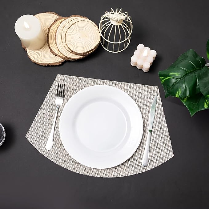 SHACOS Small Round Table Placemats Wedge Shaped Placemats Set of 4 Heat Resistant Wipe Clean Indoor Outdoor (4, Beige White Black)