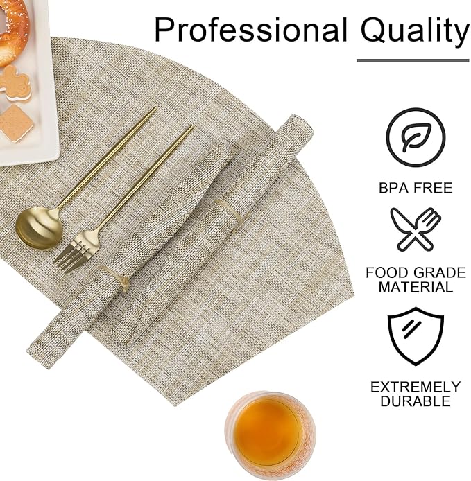 SHACOS Wedge Placemats Set of 4 for Small Round Table Woven Vinyl Table Placemats Wipe Clean CircleTable Mats Indoor Outdoor, Beige