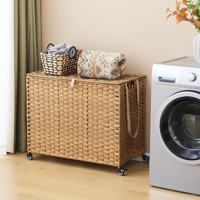 Laundry Hamper with Wheels, 52.8 Gallon(200L) Rolling Laundry Basket with Lid, 3-Section Rattan Clothes Hamper with 3 Removable Liner & 3 Mesh Bags, Laundry Sorter with Side Pocket, Natural