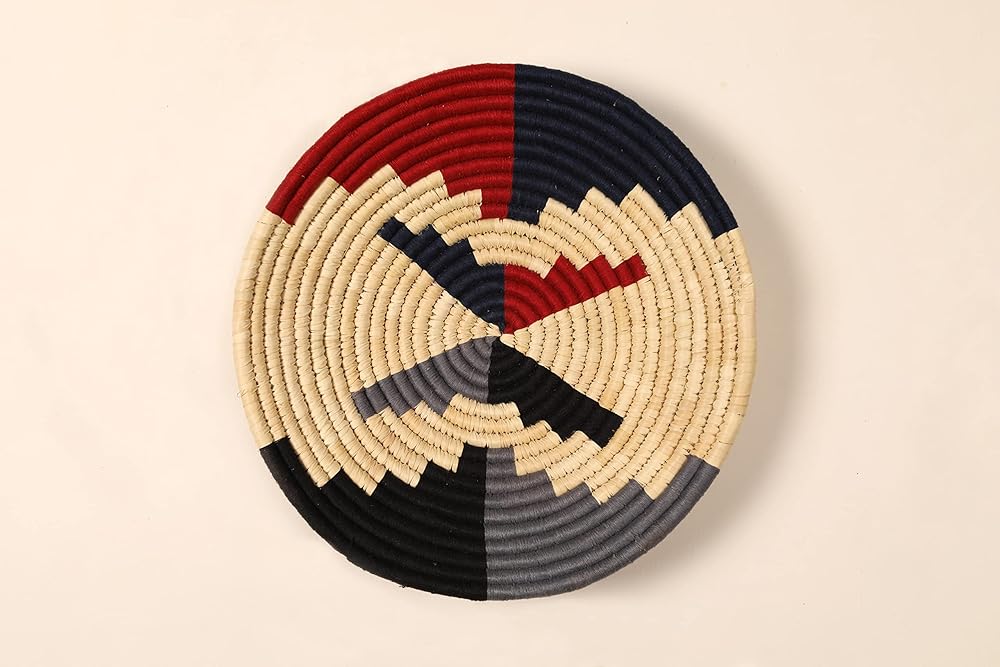 Set of 3 Round Boho Hanging Wall Basket Home Christmas Decor for Bedroom, Kitchen, Farmhouse Handmade Decorative Unique Indian Wall Decor Woven Baskets Decorations (Red Black, Contemporary)