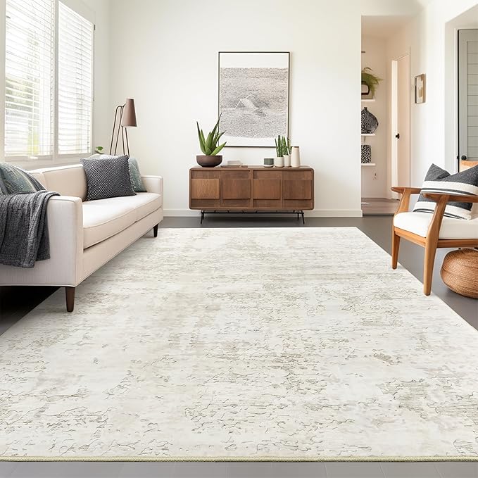 Art&Tuft Washable Rug, Anti-Slip Backing Abstract Area Rugs, Stain Resistant Rugs for Living Room, Foldable Machine Washable Area Rug(9'x12', Beige)
