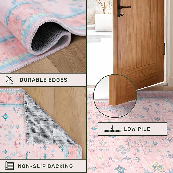 Nursery Area Rug 4x6 - Pink Rugs for Girls Bedroom, Living Room - Washable Low Pile Non-Slip Charming Boho Vintage Traditional Oushak Design, Perfect for Kids Rooms