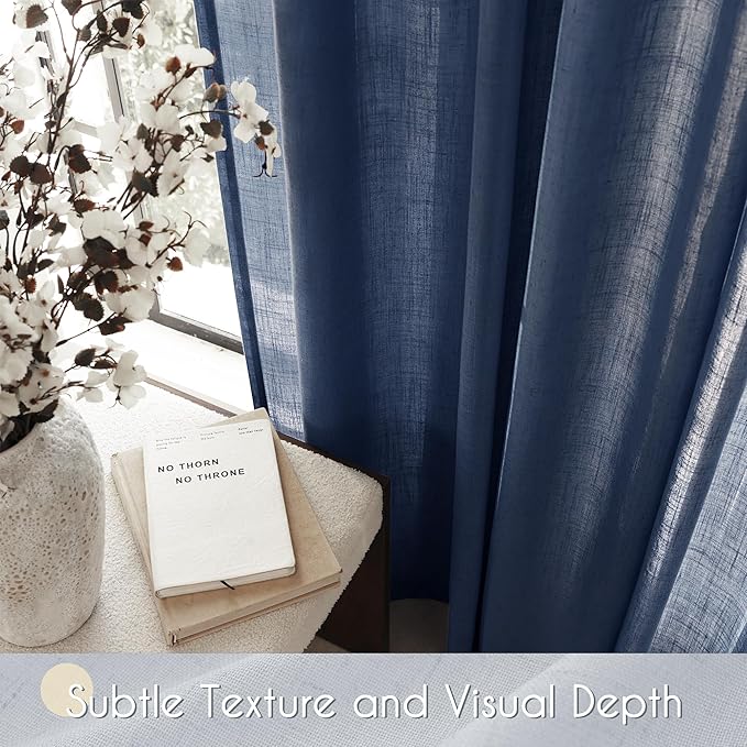 Navy Blue Curtains 108 inch Length for Bedroom Back Tab Light Filtering Semi Sheer Blue Living Room Curtains Linen Cotton Textured Indigo Blue Drapery Panel Modern Farmhouse Aesthetic Decor Dark Blue