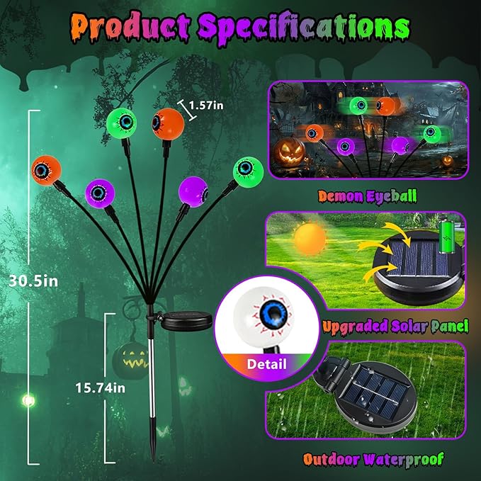 6Pack 36LED Orange,Purple and Green Solar Halloween Eyeball Lights Outdoor, Solar Garden Lights Outdoor Waterproof, Firefly Light Swaying by Wind with 2 Modes for Pathway Yard Halloween Decorations
