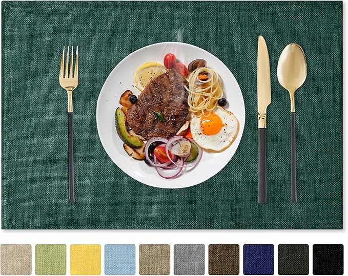 Romanstile Cloth Placemats Set of 8-12 x 18 Inch, Heat Resistant Double Layered Thickened Burlap Christmas Place Mats, Washable Linen Farmhouse Table Mats for Kitchen/Dining/Party/Outdoor, Green