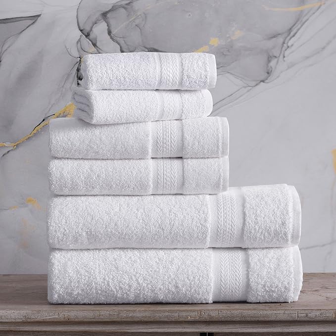 REGAL RUBY, 6 Piece Towel Set, 2 Bath Towels 2 Hand Towels 2 Washcloths, Soft and Absorbent, 100% Turkish Cotton Towels for Bathroom Shower Towel, Bath Linen Set White