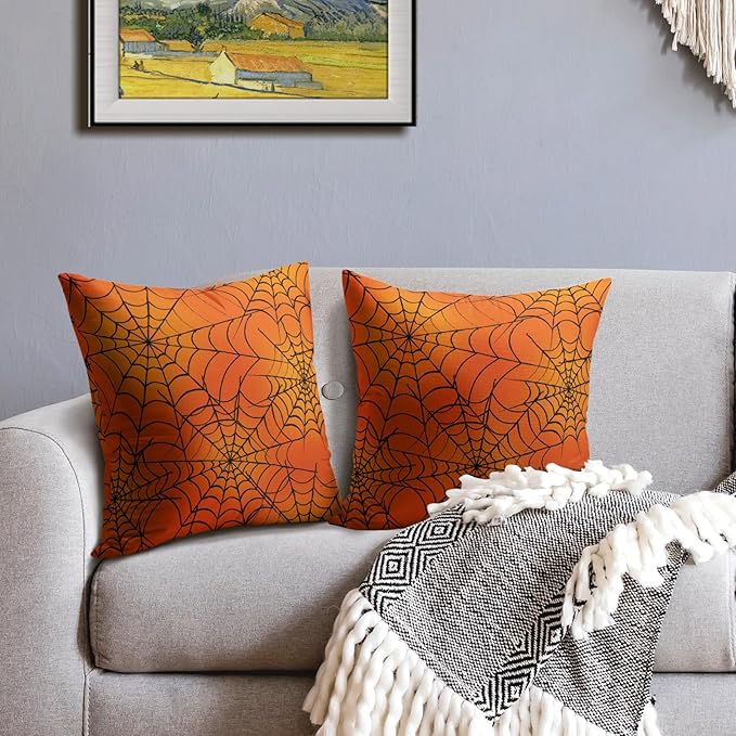 Halloween Spiderweb Pillow Covers 16x16 Set of 2 Orange Black Spider Web Outdoor Decorative Throw Pillows Halloween Scary Themed Farmhouse Pillowcases Linen Cushion Case Decor for Home Sofa Couch Bed