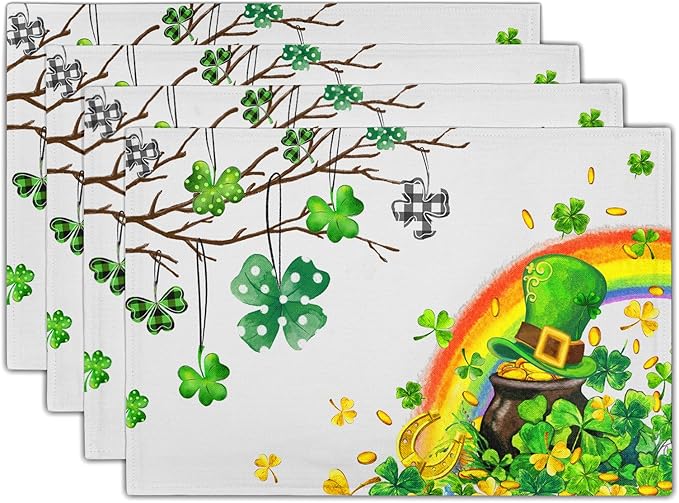 Giwawa St Patricks Day Placemats Set of 4-12"x18" Lucky Clover Tree Elf Hat Place Mat- Spring Shamrock Rainbow Colorful Linen Washable Table Mats for Kitchen Dining Holiday Party Tabletop Decor