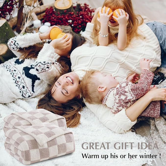 WRENSONGE Checkered Throw Blanket, Taupe Soft Cozy Fluffy Warm Hand Made Throw Blankets for Couch, Sofa, Chair, Bed, Camping, Picnic, Travel Lightweight Bed Blanket - 50"*70"