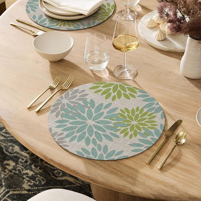 Artoid Mode Light Green Dahlia Plastic Round Placemats Set of 4, 14 Inch Seasonal Wipeable Woven Vinyl Table Mats for Farmhouse Party Kitchen Dining Decor