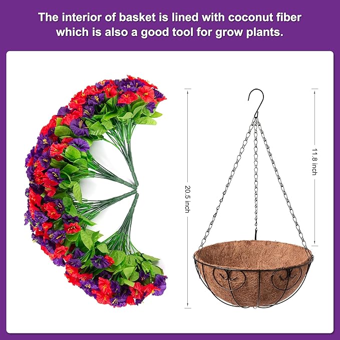 Artificial Hanging Flowers in 12 inch Basket, Faux Silk Petunias Flower Arrangement,Coconut Lining with Morning Glories Fake Plants Patio Garden Porch Deck Spring Summer Decor(Purple and Red)
