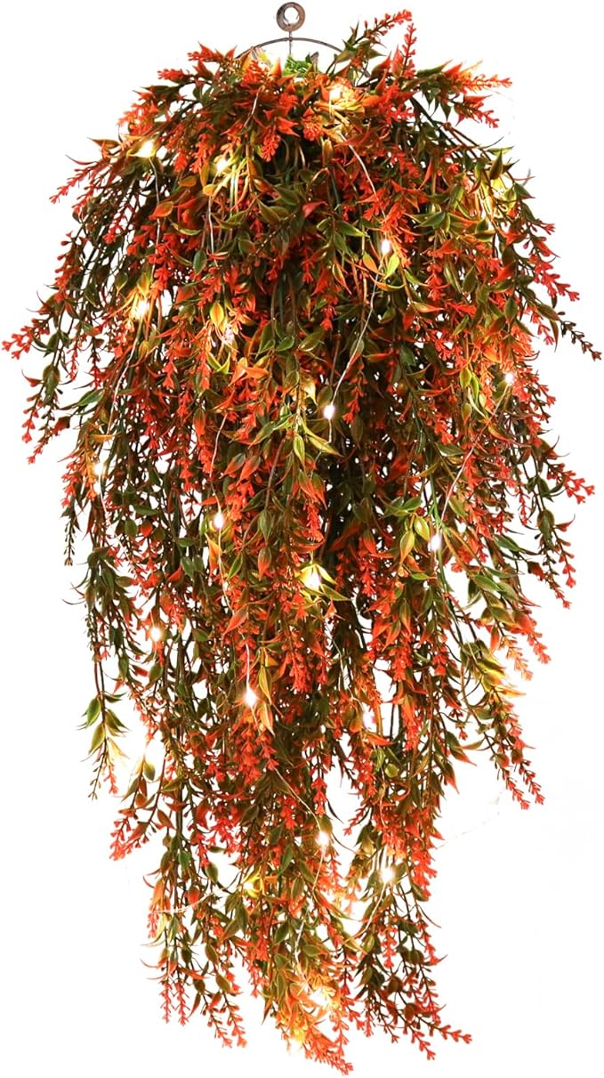 RECUTMS Hanging Fall Flowers Artificial for Outdoors Basket Large Winter Fake Lavender Lights (Orange)