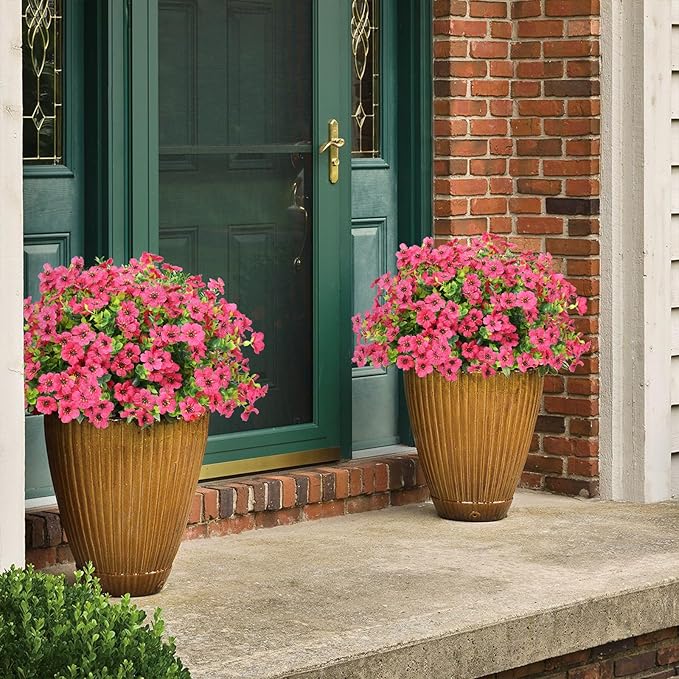 Artificial Flowers Outdoor Faux Plants UV Resistant 12 Bundles Fake Patio Flowers Plastic Greenery Plnats Outside Bulk for Spring Garden Hanging Planter Home Vase Decor, Rose Red