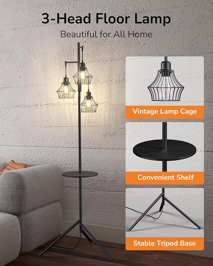ULG 3-Light Floor Lamp with Shelves 69-Inch Vintage Standing Lamp with 3 Caged Edison Bulbs 2700K Warm White Smooth Dimming Modern LED Floor Light for Living Room, Home Office, Bedroom, Matte Black