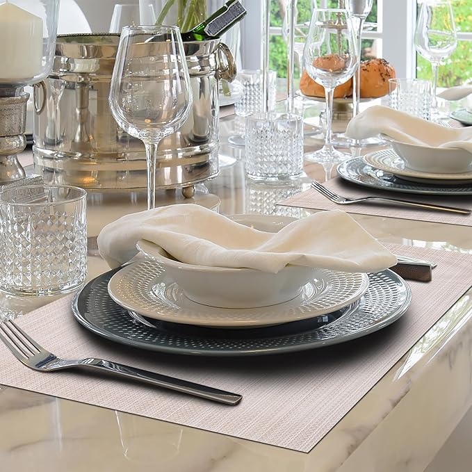 Winknowl Placemats Set of 8 Woven Vinyl Insulation Indoor Place mats for Dining Table, Washable Durable PVC Table Mats (Beige)