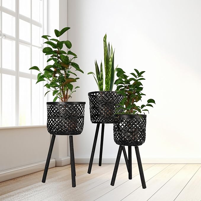 Creative Co-Op Woven Bamboo Baskets with Wooden Legs, Black, Set of 3