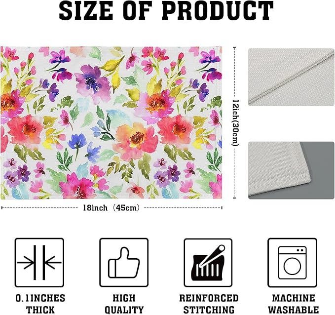 Spring Summer Placemats Set of 4 Washable Non-Slip Heat Resistant 12×18 Inch Spring Floral Watercolor Multicolor Thick Place Mats Decorative Linen Fabric Table Mat for Dining Table Kitchen Home Decor