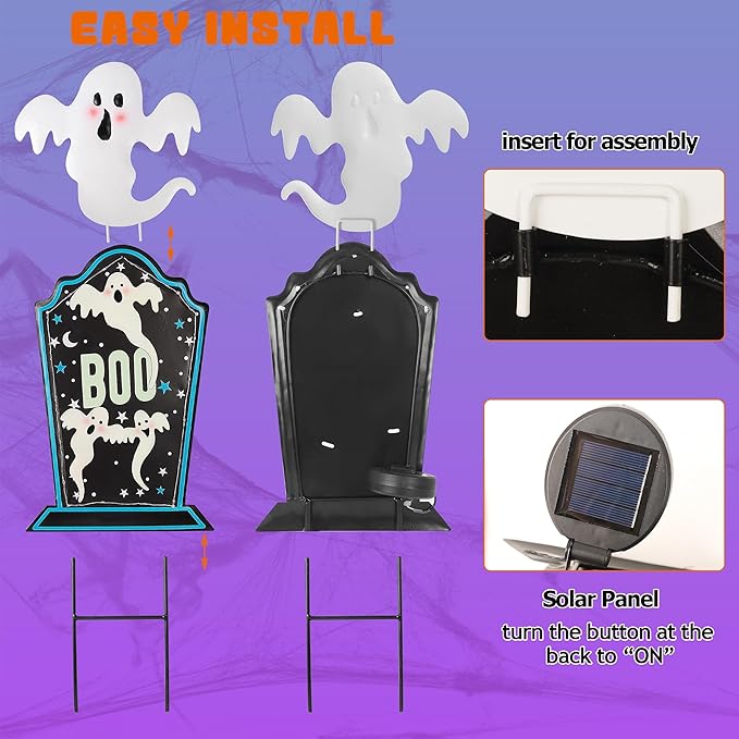 Joliyoou Halloween Yard Stake, 26.4" Solar Lighted Metal Tombstone with Glow in The Dark Ghosts, 18 LED Purple Lights Spooky Yard Sign for Outdoor Front Door Yard Lawn Garden Decors