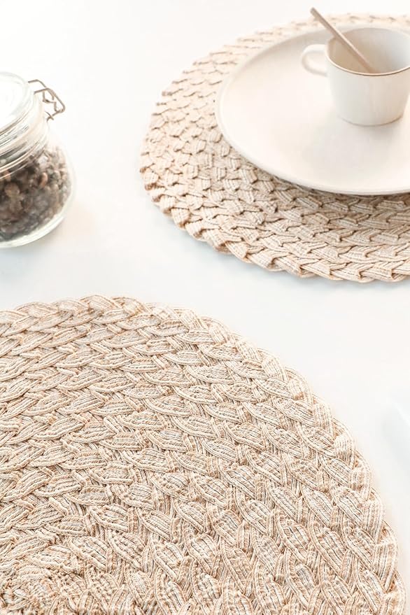 Floroom 15 Inch Round Braided Placemats Set of 4, Washable Heat Resistant Cotton Polyester Circle Boho Place Mats for Kitchen Dining Table - Canvas Beige