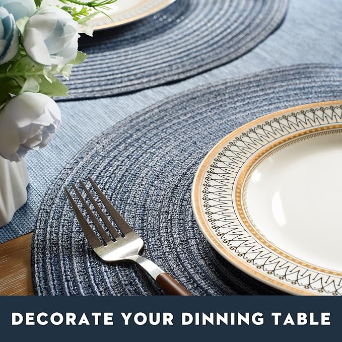 FunWheat Round Braided Placemats Set of 6 Place mats for Dining Tables Woven Heat Resistant Table Mats 15 inch (Blue)