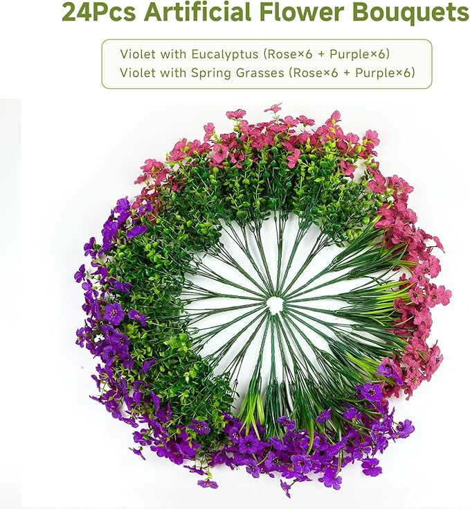 24 Bundles Artificial Flowers for Outdoors Decoration, UV Resistant Silk Violet Faux Colorful Daisy Eucalyptus Fake Plants for Outside Indoor Yard Home Patio Porch Decor, (Purple & Rosered)