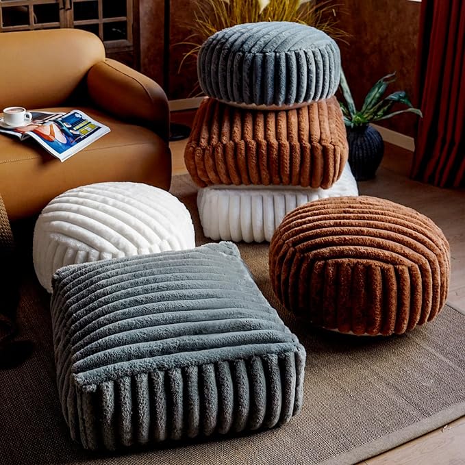 Unstuffed Pouf Ottoman Cover Soft Storage Extra Seat Farmhouse Comfortable Bohemian Poufs Accent Footrest 20x20x8 Inches for Living Room Bedroom Study Nook (Gray B, Round)