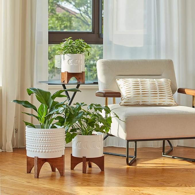 LA Jolie Muse Ceramic Planter with Wood Stand - 8 Inch White Cylinder Embossed Hobnail Patterned Flower Plant Pot Indoor