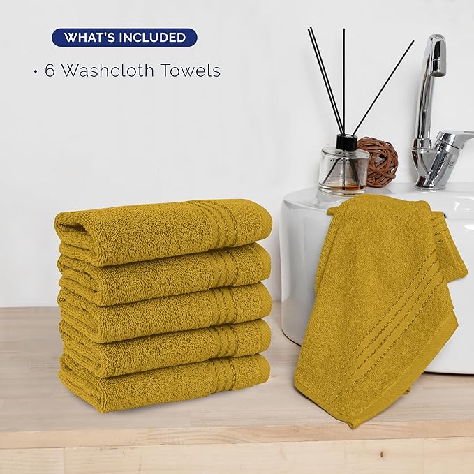 Elegant Comfort Premium Turkish Cotton 6 Pack Washcloths Set - 13 x 13 inch, Luxurious Hotel Spa Quality 100% Turkish Cotton 6PC Washcloth Set - Highly Absorbent - Soft Bathroom Towels, Gold