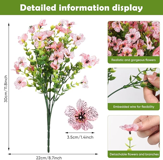 Artificial Flowers for Outdoors, 12 Bundles Artificial Plants & Flowers Outdoor, UV Resistant Faux Flowers Silk Fake Flower for Outside Porch Pot Window Garden Planter Decoration (Pink)