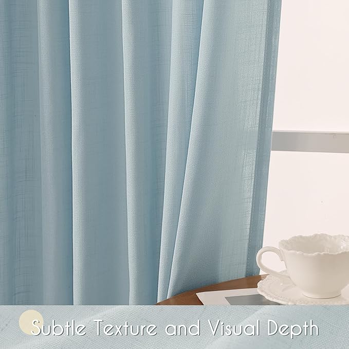 Sky Blue Curtains 108 inch Length for Bedroom Back Tab Light Filtering Semi Sheer Blue Living Room Curtains Linen Cotton Textured Drapery Panel Aesthetic Decor Light Blue 52x108