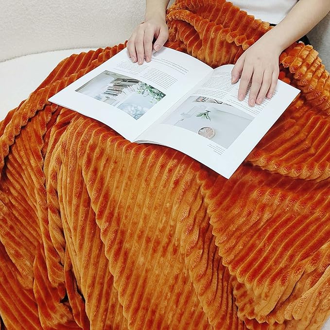 Bnuitland Burnt Orange Flannel Throw Blanket,300GSM Super Soft Fleece Stripe Pattern Sofa Blanket for Adults and Kids, Lightweight Cozy Bed Throw for Home Decor All Season