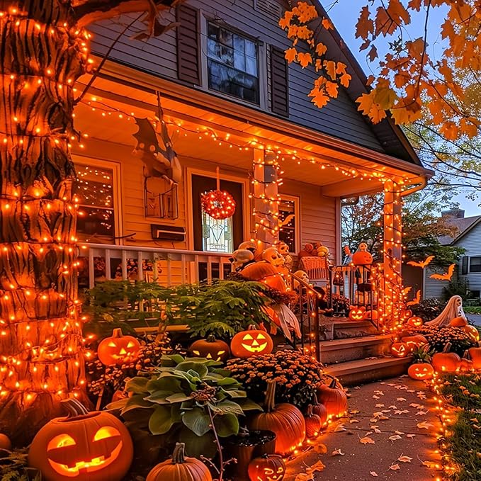 Solar String Lights for Halloween, Dolucky Orange Solar String Lights Outdoor 2 Pack Total 400LED 144FT Waterproof, 8 Modes Christmas Light for Outside Xmas Tree Patio Yard Garden Festival Decorations