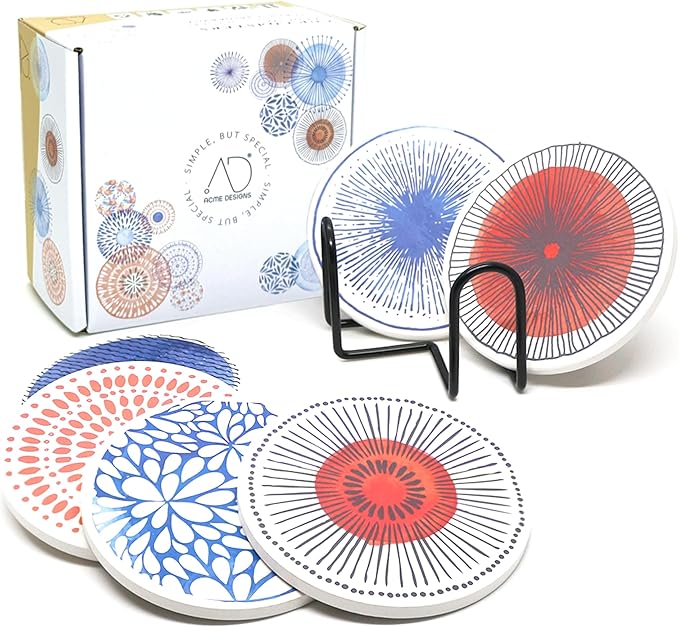 AD Set of 6 Coasters for Drinks Absorbing Round Ceramic Stone Coaster with Cork Base Tabletop Protection Mat for Mugs and Cups,Office,Kitchen (Colorful 2 with Holder)