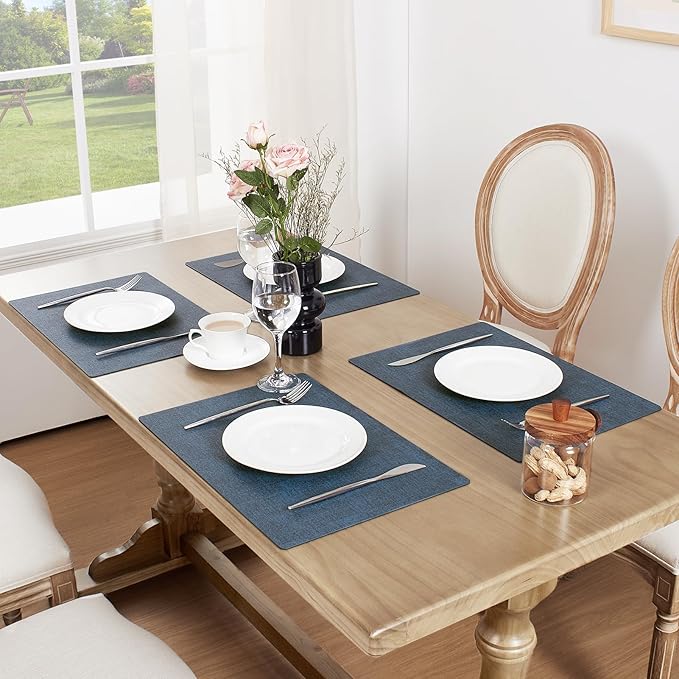 Softalker Faux Leather Placemats Set of 4-Vinyl Heat Resistant Place Mats, 100% Waterproof Oilproof Wipe Clean Table Mats for Indoor & Outdoor Use, 17’’×12’’, Navy Blue
