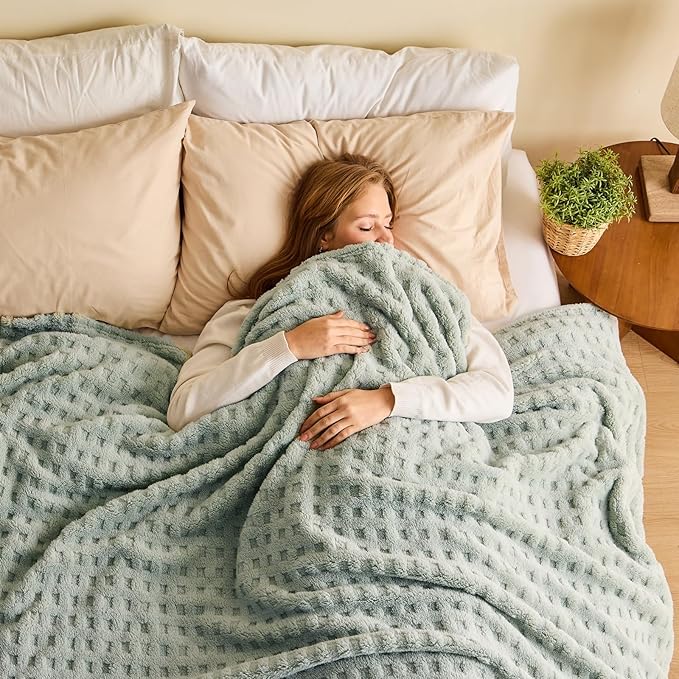 NEWCOSPLAY Super Soft Queen Blanket Green Premium Silky Flannel Fleece 3D Waffle Checkered Lightweight Bed Blanket All Season Use (Sage Green, Queen(90"x90"))
