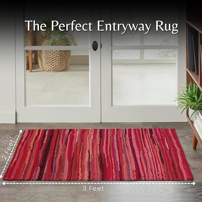 Rug Area Rugs Cotton Red 24x36 Inches Multicolour Chindi for Livingroom Bedroom Washable RagRug Reversible Farmhouse Kitchen RunnerRug Carpet Area Runner Mat for Hallway, Entryway