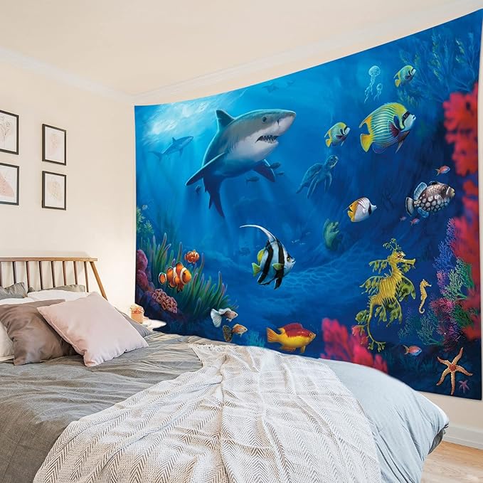 HVEST Blue Ocean Shark Tapestry Tropical Fish and Coral in Undersea World Tapestry Wall Hanging Sea Nature Landscape Wall Art for Bedroom Living Room Kids Tree Dorm Party Decor, 80W X 60H inches