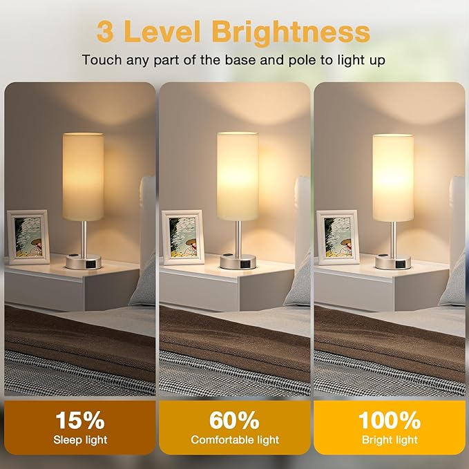 Touch Bedside Table Lamps Set - 3 Way Dimmable Bedroom Lamps Set of 2 with USB C and A Ports, Small Lamps for Nightstand with AC Outlet, Gold Base Round Flaxen Shade for Desk, Office, Dorm, Nursery