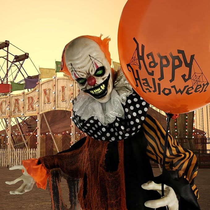 Haunted Hill Farm Life-Size Scary Talking Clown, Halloween Animatronic with Motion and Touch Activated Lights and Sounds, Battery Operated Indoor or Covered Outdoor Halloween Decorations