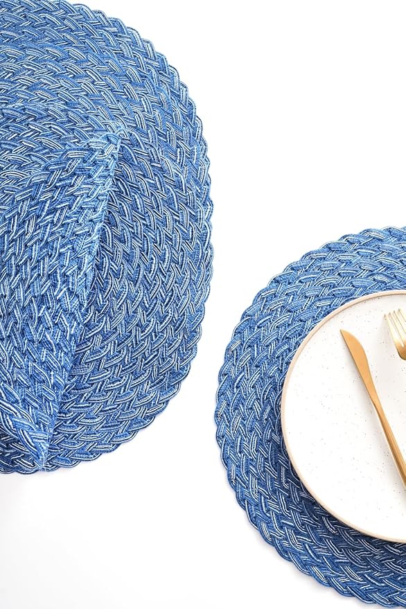 Floroom 15 Inch Round Braided Placemats Set of 6, Washable Heat Resistant Cotton Polyester Circle Boho Place Mats for Kitchen Dining Table - Seascape Blue