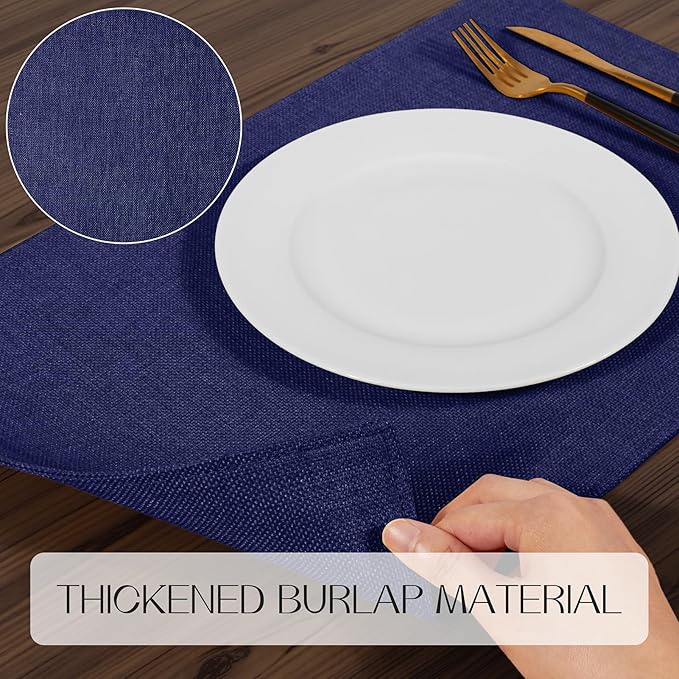 Romanstile Cloth Placemats Set of 4-12 x 18 Inch, Heat Resistant Double Layered Thickened Burlap Place Mats, Washable Faux Linen Farmhouse Table Mats for Kitchen/Dining/Party/Outdoor, Navy Blue