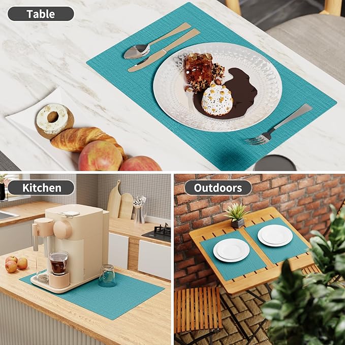 Cloth Placemats, Set of 6 Heat-Resistant Cotton Linen Blend Double Layered Machine Washable Place Mats, Wrinkle Free Thick Fabric Dining Table Mats for Indoors & Outdoors (Teal, 6)