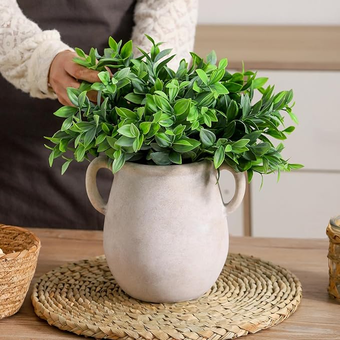 Ceramic Flower Vase Home Decor - 7.1 Inch White Rustic Table Flowers Vases Living Room Bedroom Plant Decoration Modern Farmhouse Vintage for Kitchen Shelf Office Coffee Dining Desk House Women