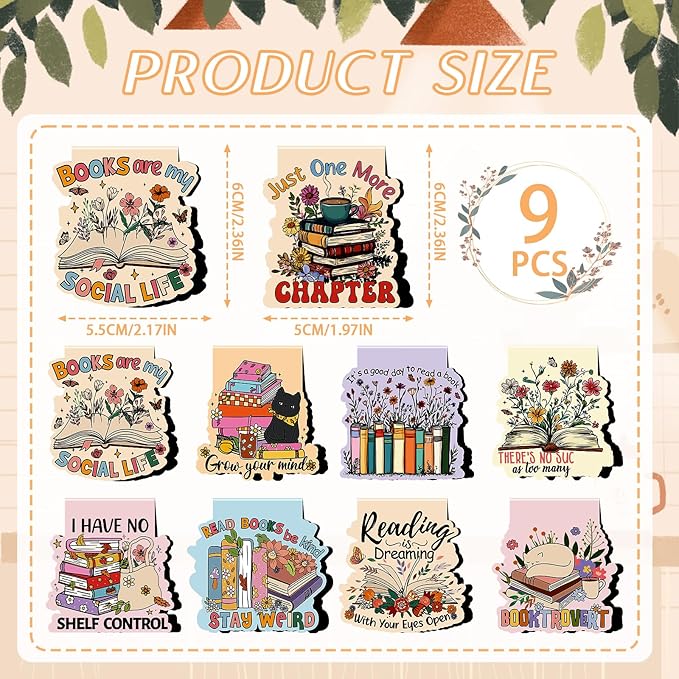 Book Lover Magnetic Bookmark - 9Pcs Flower Book Mark Magnets Cute Cat Floral Bookmarks Magnetic Bookish Magnets Book Markers Page Clip Gifts for Women Teen Students Teacher Reading Office