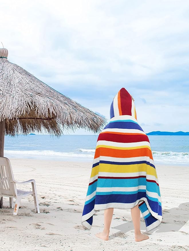 Hooded Bath Towel Wrap - 100% Cotton Terry Large Oversized Hooded Kids Towel - Toddler Shower Pool Beach Towel - Soft Plush Absorbent Quick Dry Easycare Gift - 30x60- Cabana Stripe Multi