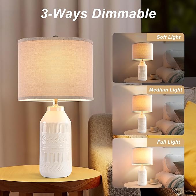 Maxax 24" Set of 2 White Table Lamps for Living Room, 3 Way Dimmable Farmhouse Ceramic Bedside Lamp for Bedroom End Table Lamps, ETL Listed