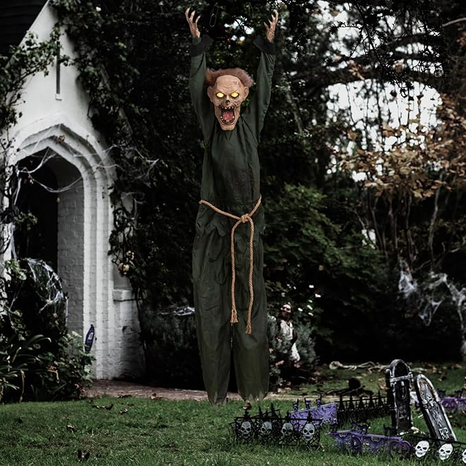 HollyHOME Animated Hanging Zombie Halloween Decoration with Glowing Eyes, Creepy Sound and Shaking Body Halloween Decorations Outdoor Scary Haunted House Prop Decor 60 Inch